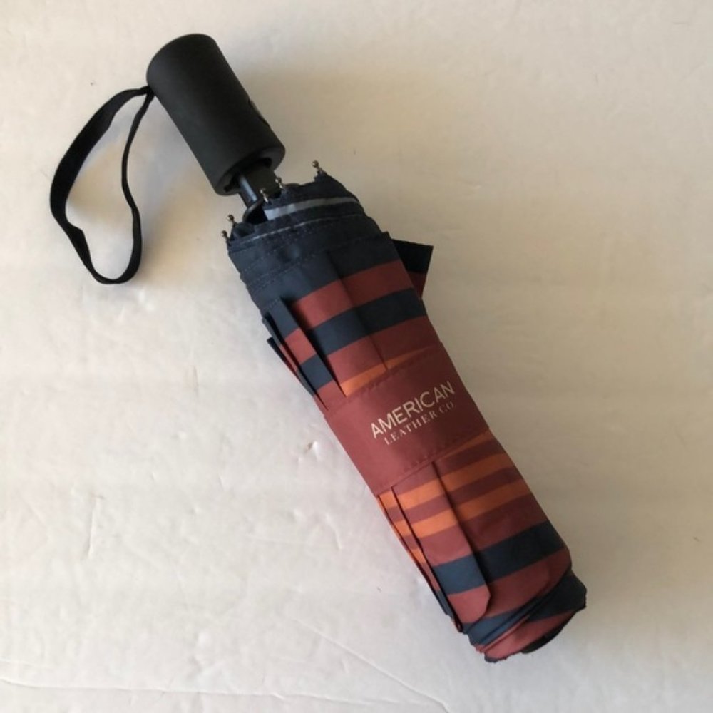 American Leather Co. Automatic Folding Umbrella Rain/ Sun Strip Blue & Red